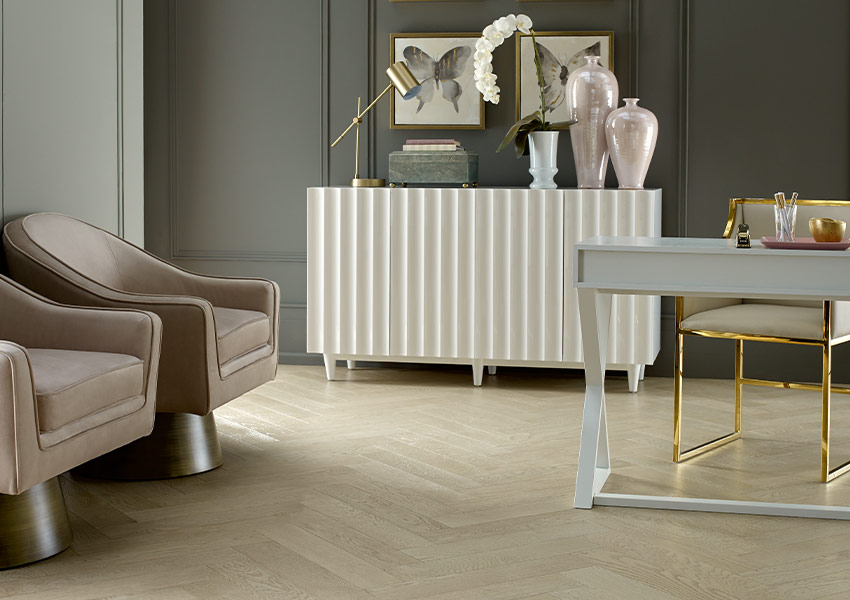 chevron hardwood flooring in home office